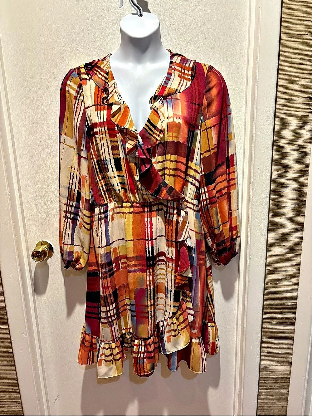 INC International Concepts Plaid Mini Dress in Orange & Red Size 14